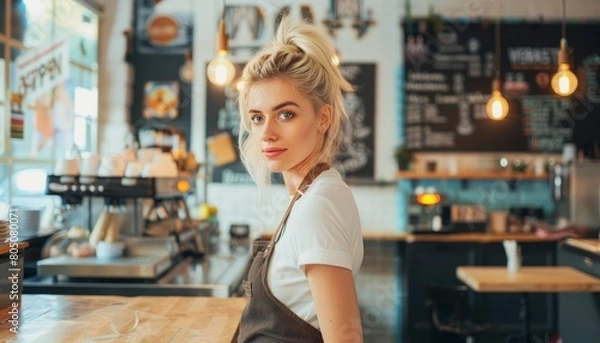 Fototapeta Young blonde woman in an apron in a cafe kitchen looking at the camera