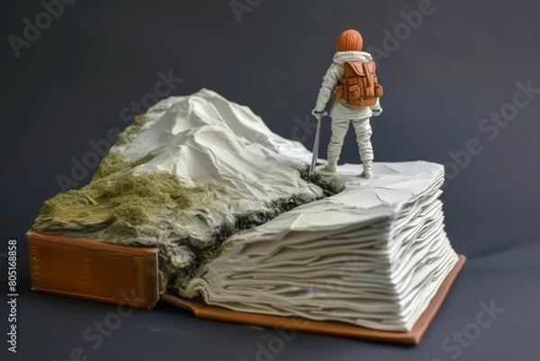 Fototapeta Miniature Man Standing on Top of Mountain