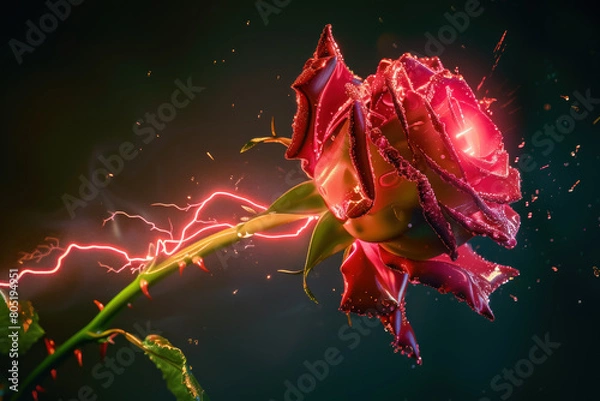 Fototapeta A rose whose thorns are forged from small, brilliant sparks of electricity, crackling quietly and lighting up its green stem with energy.