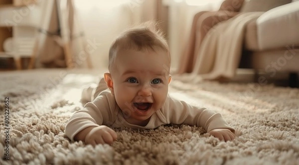 Fototapeta Joyful Baby Plays on Plush Rug in Bright, Cozy Apartment Setting