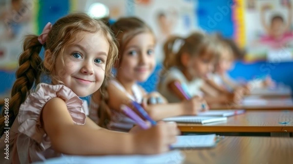 Fototapeta primary elementary school group of children studying in the classroom. learning and sitting at the desk. young cute kids smiling, high quality photo