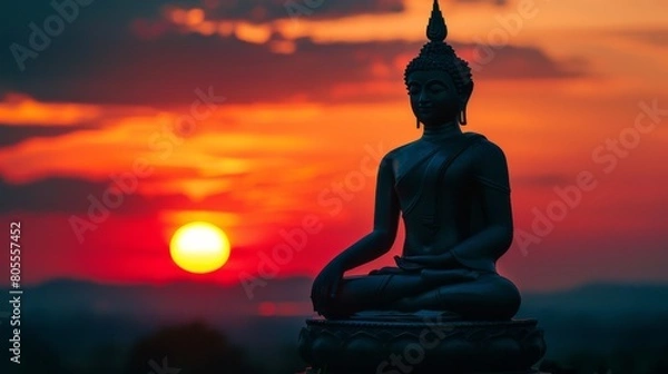 Fototapeta A serene silhouette of a Buddha statue against a vibrant sunset, casting a peaceful shadow, symbolizing enlightenment and tranquility.