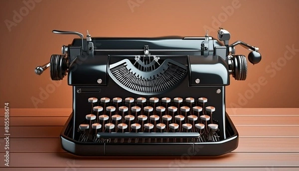 Fototapeta Classic black typewriter with glossy keys, positioned on a dark wooden table against a muted 