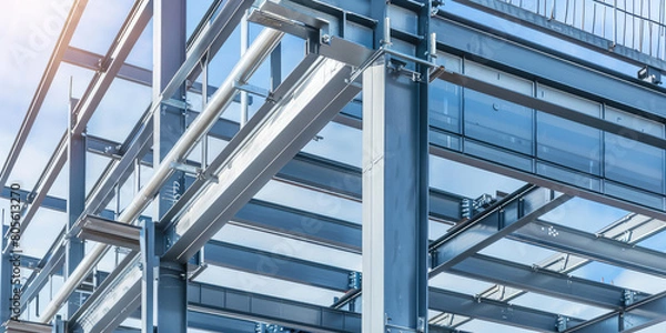 Fototapeta Close-up steel bridge structure, slatted metal structure, urban bridge supports, architecture, copy space.