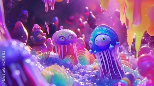 Fototapeta Vibrant Underwater Dreamscape with Surreal Jellyfish Like Creatures in a Mesmerizing Psychedelic Realm