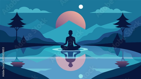 Fototapeta The still waters of a tranquil pond reflect the image of a lone figure lost in Stoic meditation.. Vector illustration