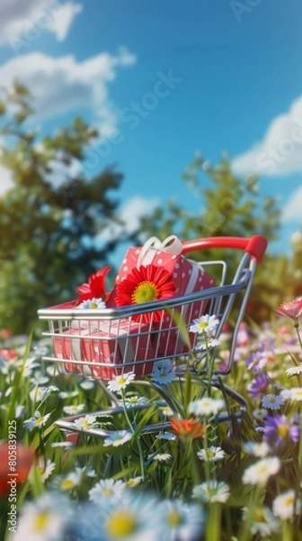 Fototapeta 3D Landscape C4D Cartoon Cute Style Background Material: Shopping Cart in Flowers