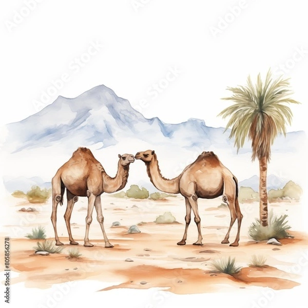 Fototapeta Camels. Camel in desert clipart. Watercolor illustration. Generative AI. Detailed illustration.