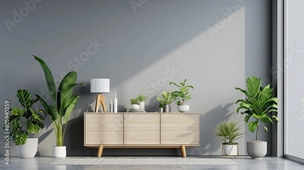 Fototapeta Modern interior of living room with wooden sideboard . Generative Ai