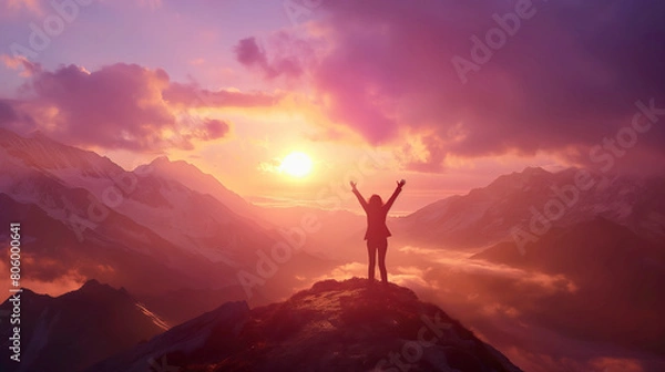 Obraz Silhouette of a person with arms raised on a mountain summit, against a stunning sunset sky, evoking a sense of accomplishment.
