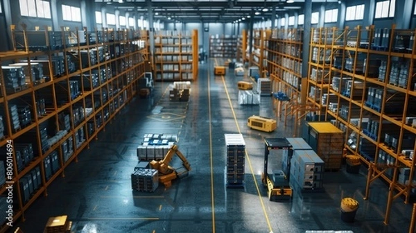 Fototapeta top view in the warehouse, future technology logistics warehouse, unmanned logistics center, robot arm