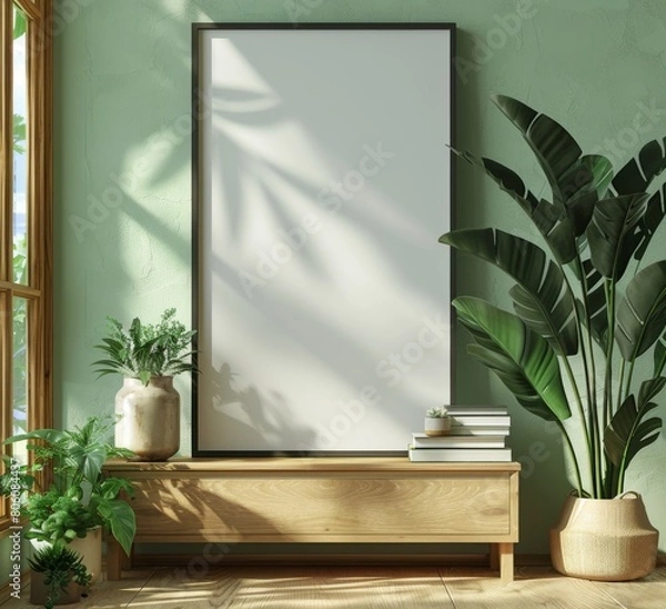 Obraz mockup of a vertical black picture frame on a wooden sideboard with a green wall background, books and plants, close up shot, minimalist interior design, studio lighting