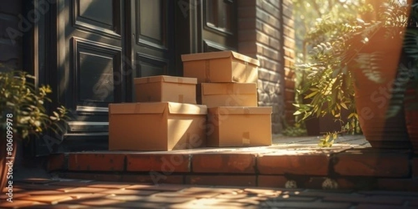 Fototapeta Cardboard boxes sit on the concrete and brick floor of a covered porch.