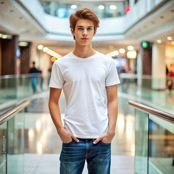 Fototapeta White t-shirt people. Collage of a Man wearing blank white t-shirt with copy space for your text or logo