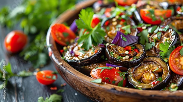 Fototapeta Vegetarian Eggplant Salad with Baked Aubergine, Cherry Tomatoes and Cilantro