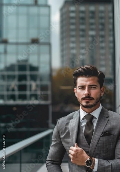 Fototapeta A man in a suit and tie stands on a bridge in front of a tall building