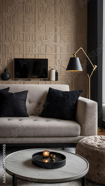 Fototapeta Modern living room with a neutral-toned textured wall, showcasing elements of Japandi interior design, complemented by a stylish black minimalist lamp for a touch of sophistication