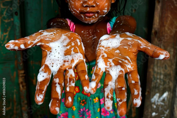 Fototapeta A young girl with soap on her hands.