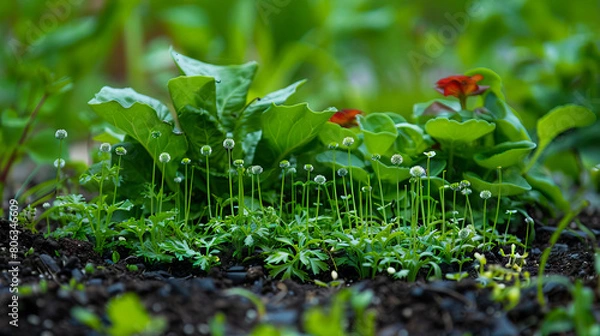 Fototapeta A close up of green plants growing in the ground.