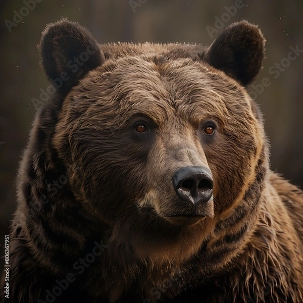 Fototapeta A large brown bear with a fluffy coat stares into the distance.