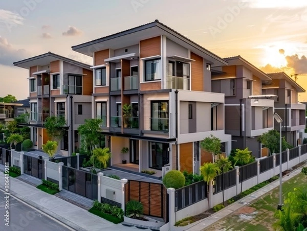 Fototapeta Modern Townhouses with Lush Greenery and Scenic Sunset Sky in Suburban Residential Neighborhood