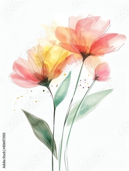 Fototapeta floral,elegant,crayon style painting ,flowers, pink and yellow and green ,illustration, simple white background