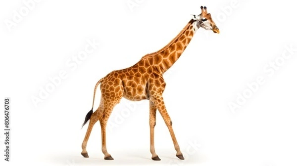 Fototapeta Graceful giraffe in a tall silhouette, isolated on a pristine white background,