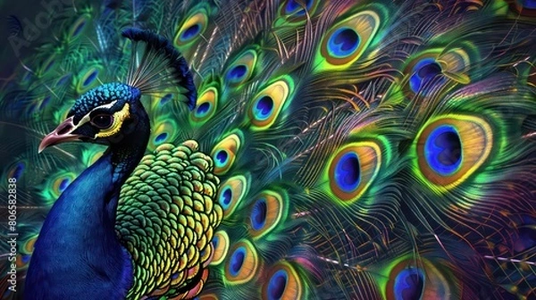 Fototapeta Enchanting Peacock Feathers. Vibrant Colors and Intricate Patterns in Digital Art Style.