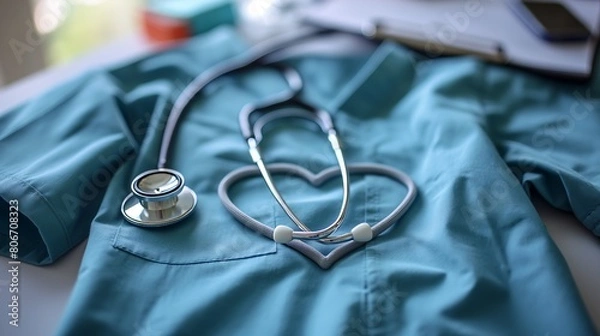 Fototapeta a stethoscope in the shape of a heart on top of a blue scrub