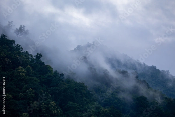 Fototapeta The background texture of mountains in the rainy season and the icy rain fog feels cool and refreshing with the green color of the forest that is cool and pleasing to the eye.