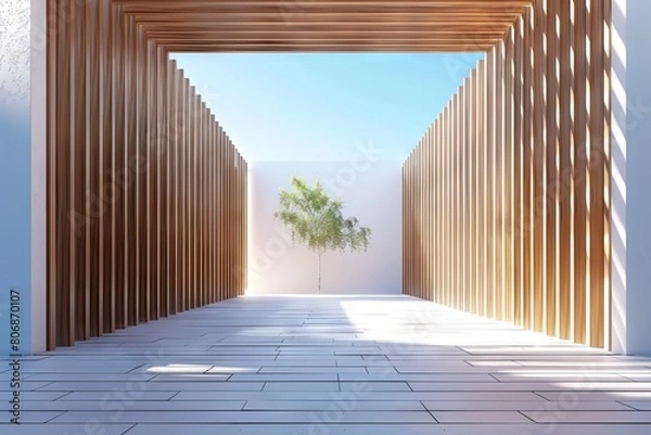 Fototapeta 3D rendering of simple modern architecture, minimalist building with wood slats and white walls, blue sky background, interior view, interior design in the style of Japanese architect 