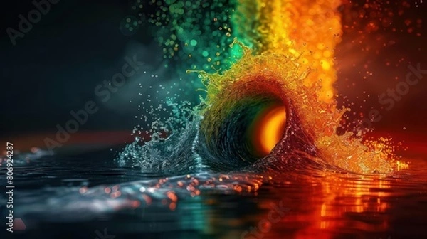 Fototapeta A beautiful digital painting of a wave of water crashing against a rainbow