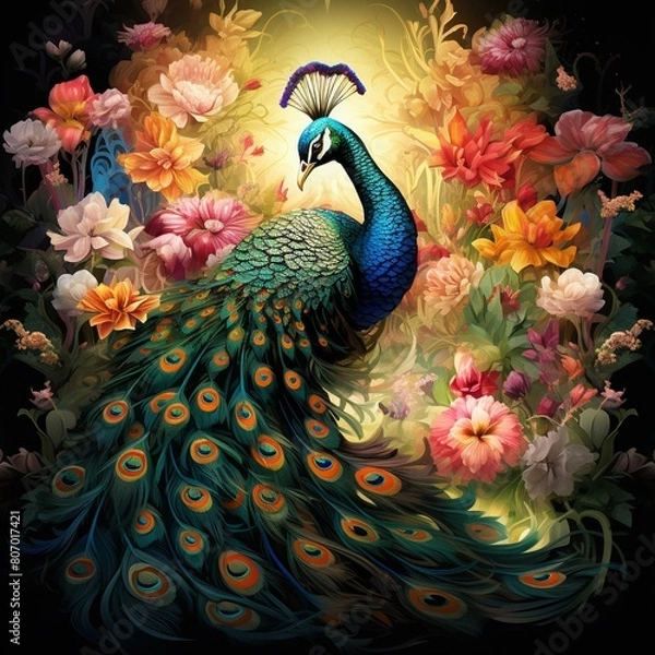 Fototapeta Detailed vector artwork of a peacock with a spectrum of intricate feather patterns among lush botanicals