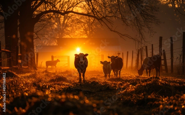 Fototapeta A group of cows are standing in a field with a fence in the background. The sun is setting, casting a warm glow over the scene