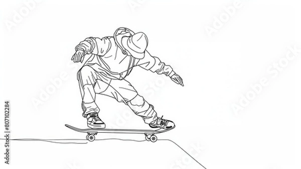 Fototapeta Olympic Sports. Skateboarding. Sketch of a skater on a skateboard on a white background.  Digital illustration. Continuous line drawing. 