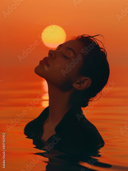 Fototapeta Woman in water illuminated by the setting sun