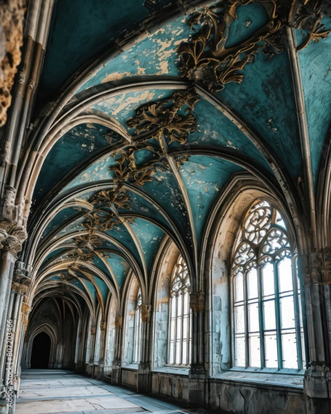 Fototapeta A long hallway with a ribbed-vault ceiling with faded blue paint and ornate golden flourishes.