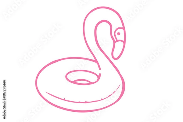 Fototapeta Outline illustration of a flamingo pool float. Simple line art isolated on white background. Summer and leisure concept for design and print.