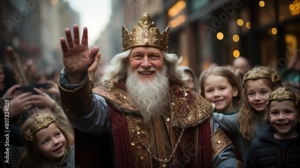 Fototapeta Joyful Sinterklaas Celebration in the City with Children and Festive Crowd