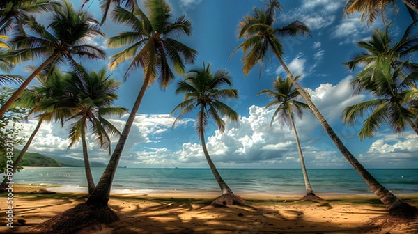 Fototapeta An idyllic image capturing the serene beauty of coconut trees swaying gently in the tropical breeze, against a backdrop of clear blue skies and shimmering turquoise waters