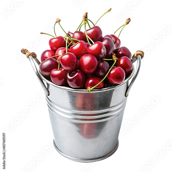 Fototapeta Three close up cherries in an iron cup on a blue transparent background a healthy and refreshing summer fruit