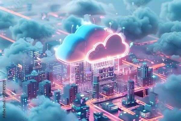 Fototapeta Cloud City: A Cutting-Edge Data Warehouse in a 3D Illustrated Metropolis