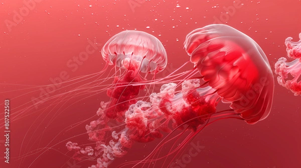 Fototapeta In this striking illustration, a red jellyfish gracefully glides through the depths of a crimson ocean, its translucent body illuminated by subtle light and shadow effects. Against the backdrop 