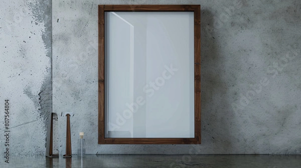 Fototapeta A closeup of an empty wooden frame mockup with white canvas, placed on the concrete floor against a wall in minimalist style, showcasing its clean lines and simplicity