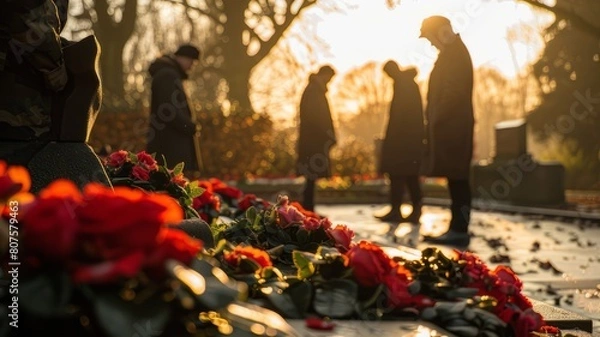 Fototapeta An image of a war memorial or monument, with people laying wreaths or flowers in remembrance of those who lost their lives in conflicts.