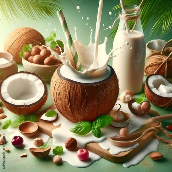 Fototapeta Coconut milk smoothie, fresh milk, can be garnished with coconut shells, coconut trees, fresh milk, coconut water.