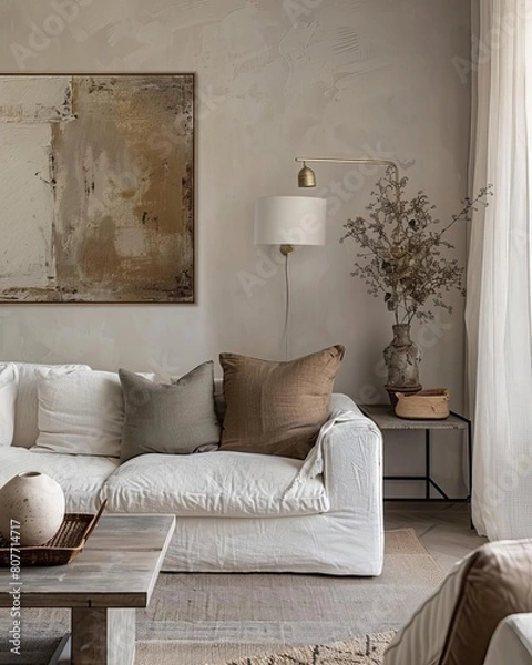 Fototapeta Create a minimalist living room in boho style with a focus on neutral colors and natural materials