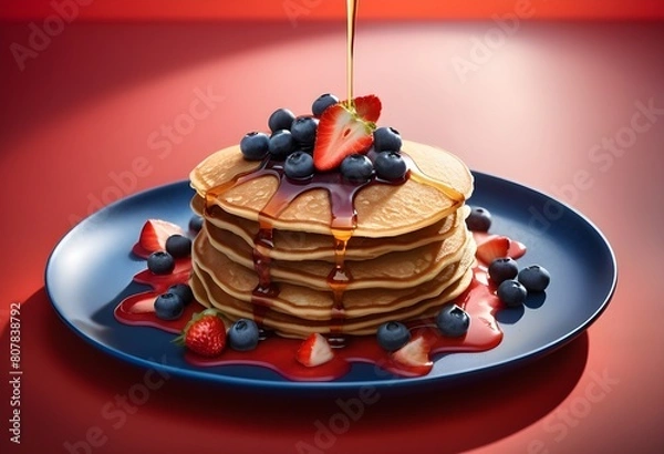 Fototapeta A delicious pancake topped with honey syrup, Strawberry, and blueberry. The pancakes are arranged on a blue plate with Strawberry syrup and blueberry on a red background