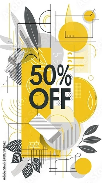 Fototapeta This is a graphic design poster advertising a 50 off sale with abstract geometric shapes and botanical elements in a monochrome and yellow color scheme