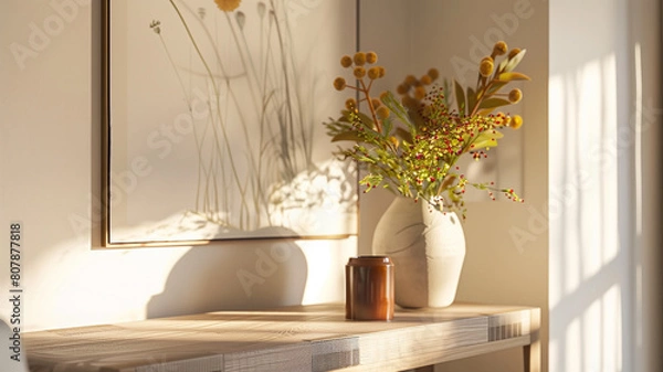 Fototapeta The photo shows a minimalist room with a wooden table, a vase of flowers, and a mirror